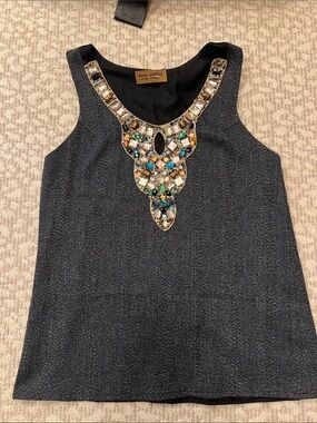 Karen Zambos Black Tank Top with Multicolored Jeweled Neckline